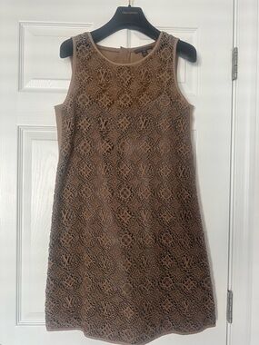 Louis Vuitton Taupe Brown Lace Logo A-Line Dress